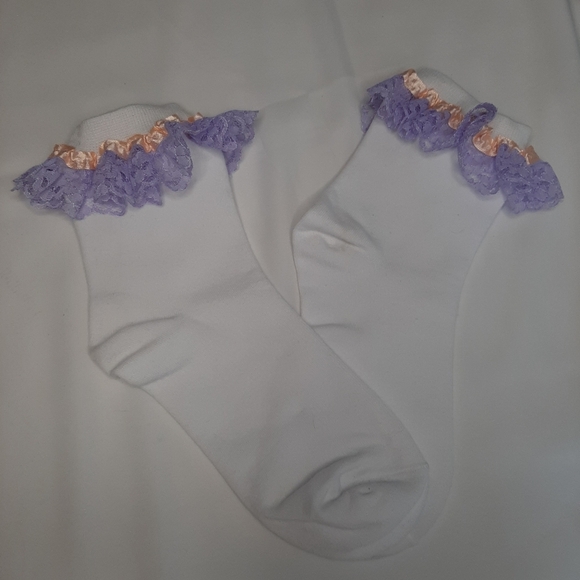 High Cut White Socks with Light Purple Lace & Peach Satin. - Picture 1 of 2